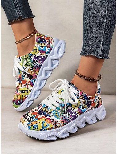  Zapatillas deportivas con estampado gráfico colorido para mujer: zapatillas deportivas modernas, ligeras, con cordones y suela acolchada