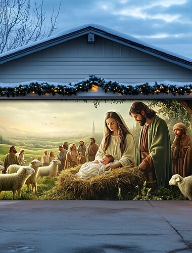  קישוטי דלת חג המולד כיסוי דלת מוסך סצנת מולד באנר חיצוני חג המולד רקע חג המולד גדול לחג דלת מוסך בית קישוטי קיר ציור חג המולד