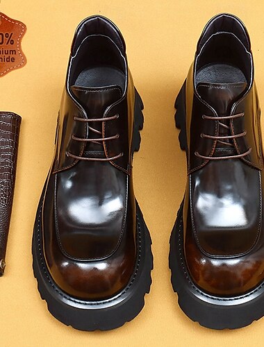  bottines à lacets épaisses en cuir verni marron pour hommes - chaussures habillées décontractées de créateur à semelle robuste pour la mode urbaine