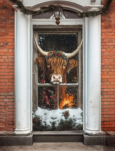  juledørdekorasjoner dørdeksler julelue dørteppe dørgardindekorasjon bakteppe innendørs/utendørs dørbanner for inngangsdør gårdshus høylandsfe
