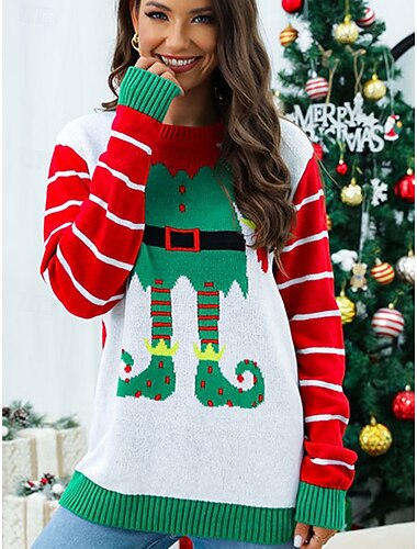  Elfo Suéter navideño feo Pullover Saltador De Punto Mujer Navidad Año Nuevo Nochebuena Navidad Innovador Gracioso Adultos Fiesta Navidad Cima