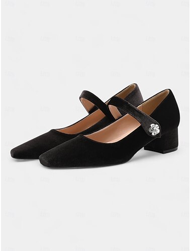  dámské zelené sametové lodičky mary jane - čtvercové podpatky s kamínkovou přezkou, elegantní design pro večerní outfity a outfity ve vintage stylu