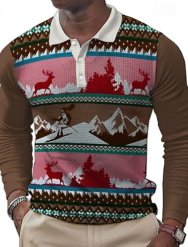  Herren Ski Hirsch Waffel-Poloshirts Golfshirt Langarm Polo-Shirts Hemden mit Kragen Vintage Lässig Outdoor Alltagskleidung Ferien Knöpfe 3D-Druck Frühling Herbst Winter Blau Braun Armeegrün