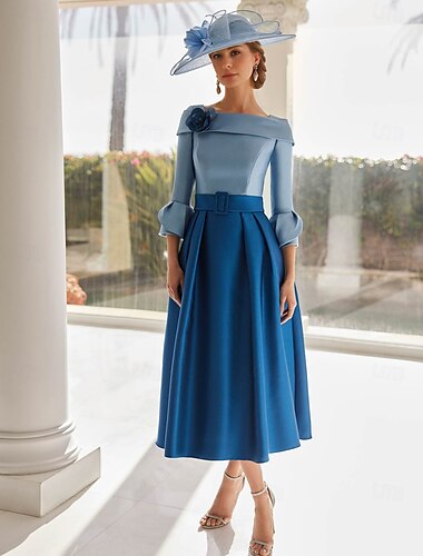  A-Linje Cocktail Kjoler Strand Bryllup Elegant Kjole Formell Ankellang 3/4 Lengde Ermer Båt Hals Belte  Bånd Sateng med Skulder Blomst Derby Kjoler