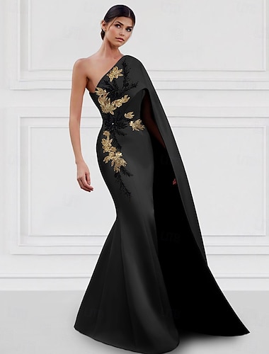  Abendkleid im Meerjungfrau-Stil mit schwarzer Krawatte, elegantes, formelles Kleid, bodenlang, lange Ärmel, ein Schultergurt, Capes aus Satin mit Stickapplikationen 2025