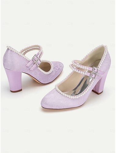  Damen-Mary-Jane-Pumps aus lila Spitze – mit Perlen verzierte Blockabsätze für Hochzeiten, Partys und elegante Anlässe