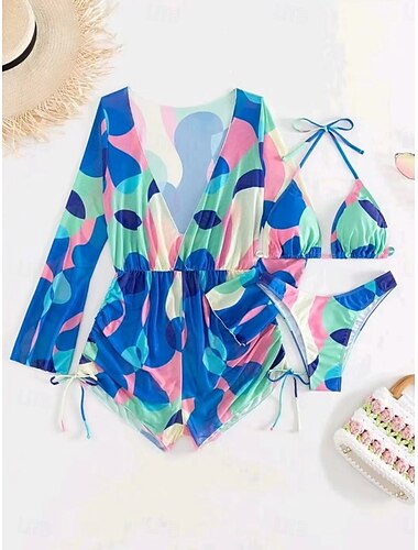  Damen Badeanzug Bikinis Monokini Drei Stück Cheeky-Bikinihose Bademode Rückenfrei Schlank Urlaub Strandbekleidung Farbblock Halfterhals Ärmellos Langarm Badeanzüge