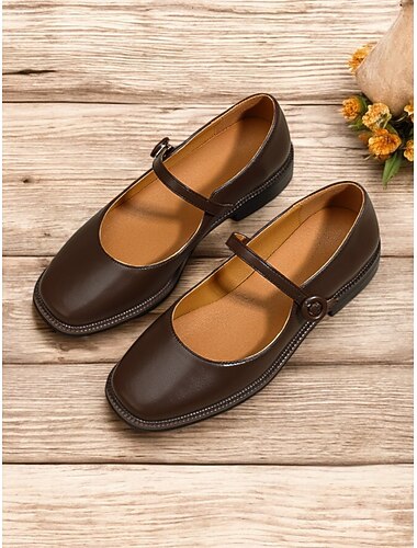  Damen Flache Schuhe Retro Mary Jane Arbeit Täglich Schnalle Flacher Absatz Quadratischer Zeh Vintage Komfort PU Schnalle Dunkelbraun Schwarz