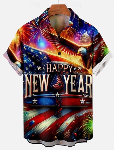  Муж. Американский флаг США Орел с Новым Годом Гавайская рубашка Кнопка рубашка С короткими рукавами На каждый день Мода Повседневная Отпуск Новый год Повседневные Лето Отложной Кнопка вверх 3D печать