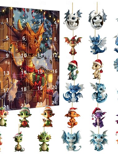  تقويم مجيء عيد الميلاد 2025 مع تنين كرتوني، زينة قابلة للجمع، زينة شجرة عيد الميلاد 2D الأكريلك، تعليقات لطيفة وفنية، طوافين للحيوانات داخل السيارة والجدار