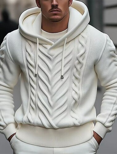 Herren Pullover Strickpullover Gerippt Gedrehtes Stricken Standard Strick Jacquard Glatt Mit Kapuze Modisch Basic Freizeitskleidung Verabredung Bekleidung Herbst Winter Weiß M L XL