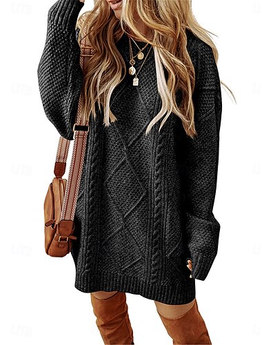  Damen Pullover Kleid Brautkleider schlicht Weich Einfarbig Gedrehtes Rundhalsausschnitt Strick Langarm Lange Oberteile Stricken Outdoor Täglich Wochenende Schwarz Grün Herbst Winter