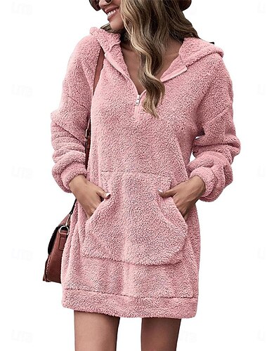  Damen Sweatkleid Minikleid Tasche Vlies Brautkleider schlicht Mit Kapuze Langarm Rosa Khaki Grau Farbe