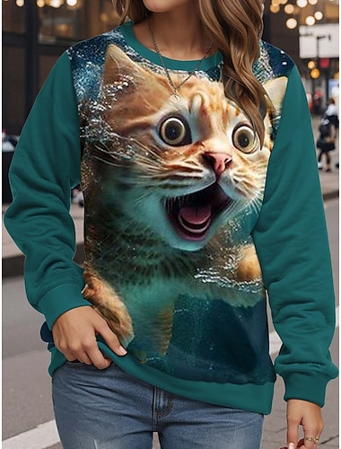  Sudadera de mujer casual con estampado de gato para uso diario, cuello redondo, manga larga, verde, otoño e invierno