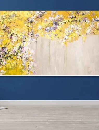  håndmalet abstrakt blomsteroliemaleri på lærred gyldent blad moderne oliemaleri håndmalet vildblomstmark oliemaleri landskabsvægkunst blomstermaling stor vægkunst til boligindretning