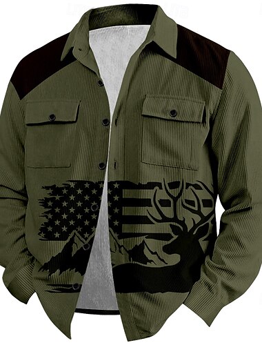  Herren Amerikanische US-Flagge Patriotisch Hirsch Cord Hemd Hemdjacke Overshirt Langarm Vintage Western Outdoor Alltagskleidung Casual Herbst Winter Umlegekragen Hemden mit Kragen Knopf 3D-Druck 2