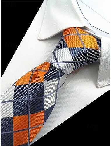  Orange- und marineblaues kariertes Krawattenset für Herren mit Einstecktuch und Manschettenknöpfen – stilvolles formelles Accessoire für Hochzeiten und Geschäftskleidung