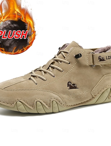 Botines vintage de ante sintético verde con cordones para hombre, detalles cosidos a mano y forro polar cálido: zapatos casuales cómodos para exteriores