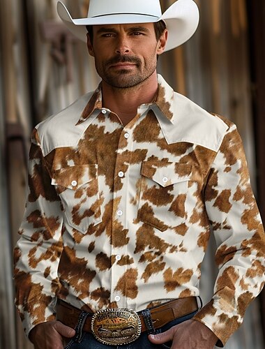  Herre Cowboy Western skjorte Skjorte med knapper Cowboyskjorte Langermet Årgang Vestlig utendørs Daglig Ferie Vår Høst Vinter Aftæpning Skjorter med krage 3D-utskrift Brun