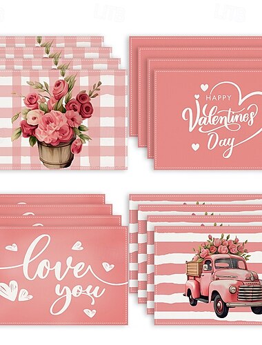 Juego de 4 manteles individuales para el día de San Valentín, manteles individuales románticos y decorativos con patrones de corazones o rosas, duraderos y resistentes al calor, perfectos para agregar