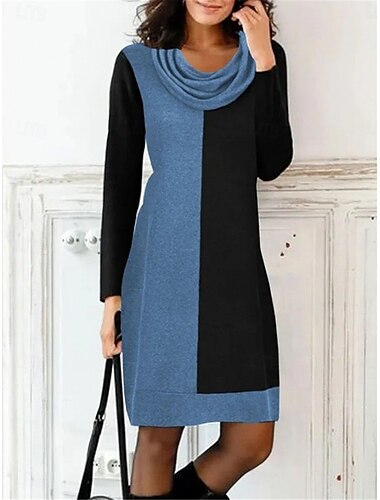  Mujer Vestido informal Vestido Midi Retazos Casual Cuello vuelto holgado Manga Larga Azul Piscina Gris Color