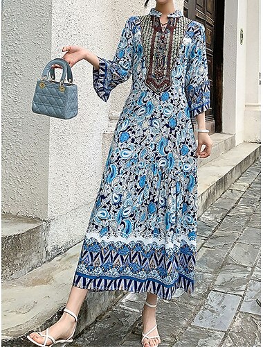  Damen Maxidress Casual kleid Schaukelkleid A Linie Kleid Boho-Kleid Böhmen Vintage Brautkleider schlicht Täglich Regular Fit Blumen Farbblock 3/4 Ärmel Gespaltener Hals Schwarz Rosa Blau Sommer