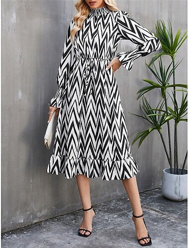  Damen Geometrischer Stehkragen Midikleid Langarm Sommer Frühling