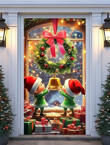  クリスマスドアデコレーション、ドアカバー、クリスマスジョイエルフドアタペストリー、ドアカーテンデコレーション背景、屋内/屋外ドアバナー、玄関ドア用、農家のクリスマスホリデーパーティーデコレーション用品