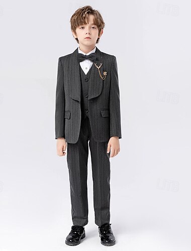  5 Stück Ring-Träger Anzug Jungen kinderkleidung Anzug Formeller Anzug Blazer & Weste & Hosen & Brosche & Krawatte Formal Party Valentinstag Modisch Cool Streifen Tasche Khaki Dunkelgray Polyester