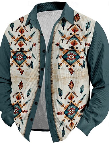  Herren Cowboy Cord Hemd Hemdjacke Overshirt Langarm Vintage westlicher Stil Outdoor Alltagskleidung Casual Herbst Winter Umlegekragen Hemden mit Kragen Knopf 3D-Druck 2 Taschen 1pc Schwarz Blau Braun