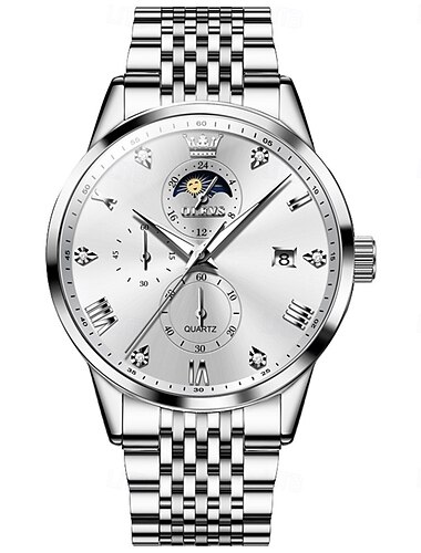  OLEVS Hommes Montres à quartz Mode Décontractée Montre Bracelet Affichage des phases de lune Lumineux Calendrier IMPERMÉABLE Acier Suivre