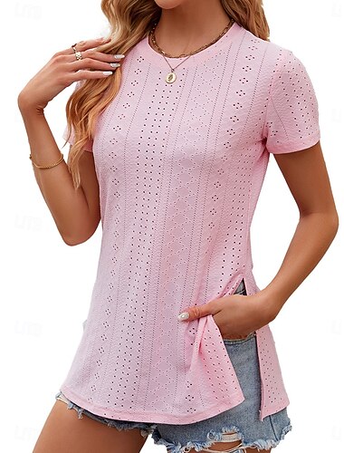  Per donna maglietta Tinta unica Elegante Moda Manica corta Girocollo Top regolari Giornaliero Per uscire Occhiello Bianco Rosa Rosso Estate