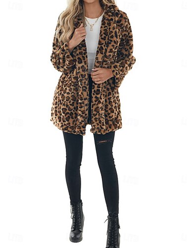  Damen Wintermantel warm halten Atmungsaktiv Patchwork Mit Taschen Vintage Modisch Leopard Party / Abend Öffnung vorne Lang Umlegekragen Regular Fit Langarm Oberbekleidung Leopard Herbst Winter