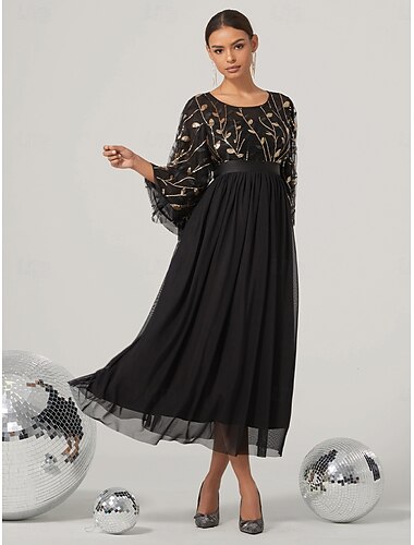  robe de soirée trapèze élégante robe de mariée invité de mariage longueur cheville manches 3/4 col bijou nylon avec paillettes 2025