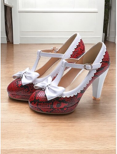  buty na obcasie typu mary jane z nadrukiem w panterkę, kokardą i falbaniastymi krawędziami – retro buty imprezowe z paskiem w kształcie litery T dla kobiet