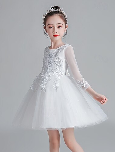  Flower Girl Dress Kid's Girls' Princess Dress Performance Wedding Party Elegant Beautiful Mesh Solid Color Long Sleeve Crew Neck Wine Red White 4 years+
