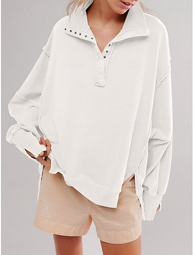  Sweatshirt für Damen, lässig, schlicht, für den Alltag, V-Ausschnitt, Knöpfe, langärmelig, weiß, fuchsia, grün, Herbst, Winter