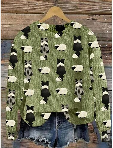  Femme Pull Chandail du quotidien Graphic Animal A côtes Col Ras du Cou Imprimer Épaule tombante manche longue Hauts réguliers Tricoter Formel Fin de semaine Vert Automne Hiver