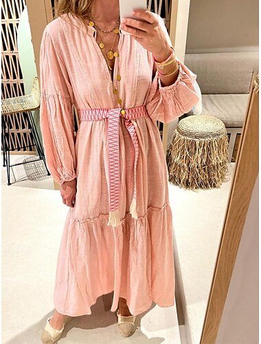  Dames Maxi-jurk Linnen-geïnspireerde jurken Casual jurk Swingjurk Effen jurk Casual Sport & Outdoor Straat Normale pasvorm Effen Lange mouw V-hals Blozend Roze Lente Herfst