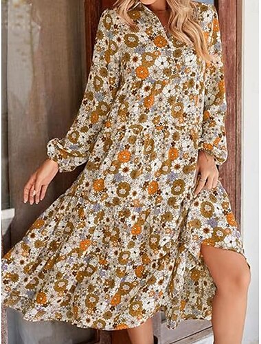  Damen Midikleid Casual kleid Schaukelkleid A Linie Kleid Brautkleider schlicht Täglich Regular Fit Blumen Langarm Gespaltener Hals Himmelblau Grün Khaki Sommer Frühling Herbst