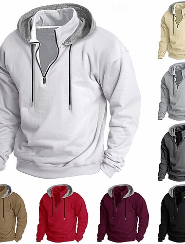  Herr Huvtröja Huvtröja med dragkedja i Quarter Huvtröja i fleece Taktisk hoodie Svart Vit Vin Rubinrött Kaki Huva Slät Lappverk Halv dragkedja Arbete Sport & Utomhus Ledigt Streetwear Grundläggande