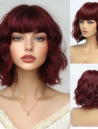  pruiken voor vrouwen korte golvende pruik met pony pruik met donkere wortels halflang natuurlijk synthetisch haar voor dagelijks feest &versterker cosplay