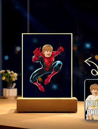  Luz de noche USB con foto personalizada, luz de noche acrílica con cara de superhéroe araña para niños, decoración navideña, regalos para fanáticos de superhéroes