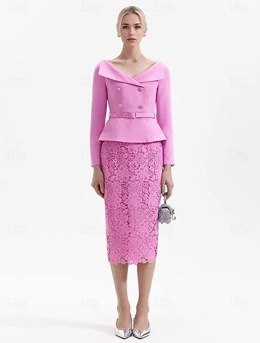  Zwei-teilige Etui  Säule Cocktailkleider Elegantes Kleid Smoking-Kleid Formelles Hochzeitsgast Knielänge Langarm V-Ausschnitt Spitze mit Knöpfen Derby Kleider 2025