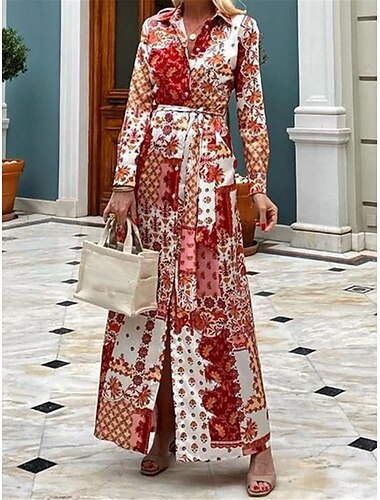  Women's Maxi Dress Shirt Dress Casual Dress Swing Dress A Line Dress Casual Daily Regular Fit Floral Long Sleeve Shirt Collar Red Summer Spring Fall