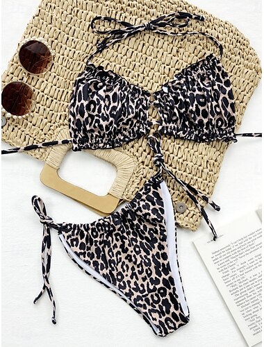  Damen Badeanzug Bikinis 2 Stück Cheeky-Bikinihose Bademode Rückenfrei Schlank Urlaub Strandbekleidung Feste Farbe Leopard Halfterhals Ärmellos Badeanzüge
