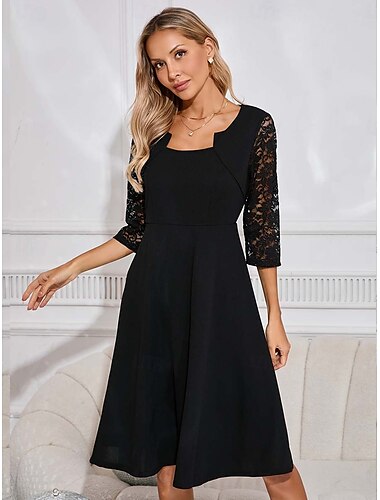  Damen schwarzes kleid Midikleid Spitze Elegant Quadratischer Ausschnitt Langarm Schwarz Farbe