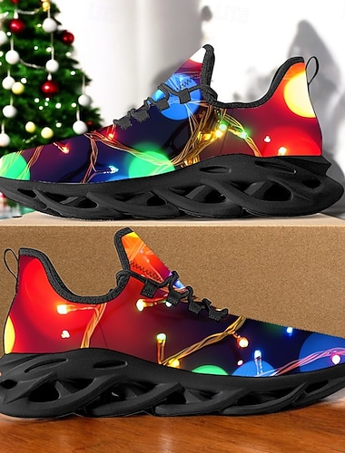  メンズのクリスマス LED ライトアップ プリント スニーカー - 鮮やかなホリデー グロー デザインとブラック ソール
