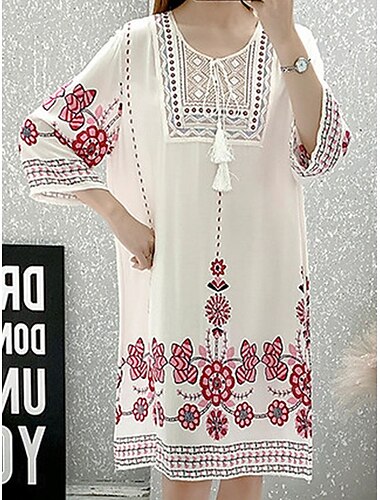  Naisten Mini mekko Rento mekko Boho-mekko Vapaa-aika Päivittäin Normaali Kukka 3/4 hiha Tiukka pyöreä kaula-aukko Valkoinen Rubiini Laivaston sininen Kevät Syksy