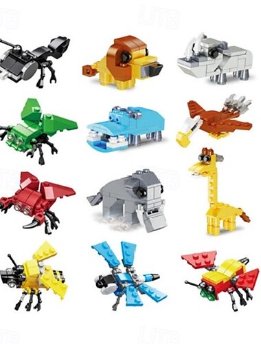  cadeaux de fête pour enfants sacs à cadeaux, 12 pièces mini blocs de construction ensemble de blocs de construction d'animaux dinosaures, ensembles de construction jouets de tige pour cadeau de fête